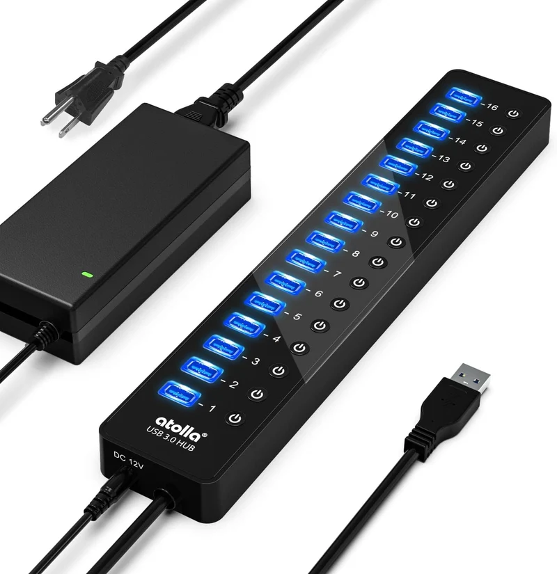 atolla 16-Port Powered USB Hub with American Standard 12V/6A Power Adapter and Individual Switches（CH-316U3, US Plug）