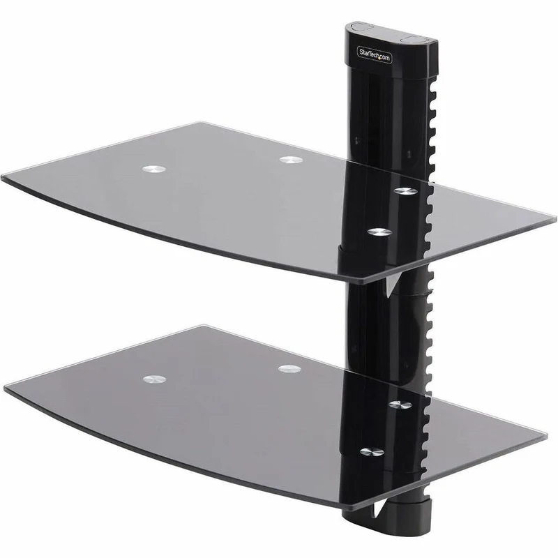 StarTech.com Étagères AV murales flottantes doubles, étagère réglable en hauteur pour équipement audiovisuel sous téléviseur, étagères en verre trempé noir 2B-WALL-MOUNT-SHELF