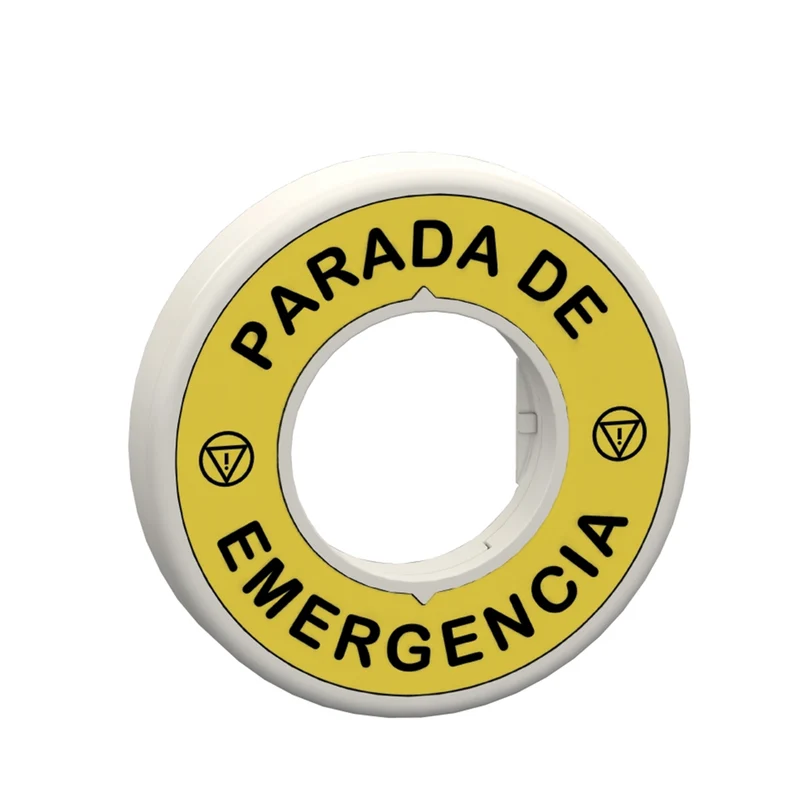 Illuminated Marked Legend Ring, Harmony XB5, 60mm, Plastic, Yellow, Red Fixed Integral LED, Marked PARADA DE EMERGENCIA, 24V AC DC