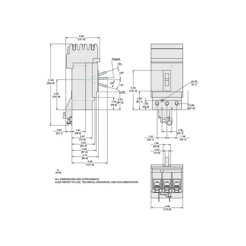 Circuit Breaker, PowerPacT J, 175A, 2 Pole, 600VAC, 18kA, I-Line, Thermal Magnetic, 80%, AB