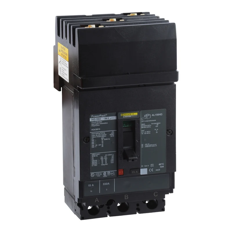 Circuit Breaker, PowerPacT H, 15A, 3 Pole, 600VAC, 18kA, I-Line, Thermal Magnetic, 80%, Padlock Handle, ABC