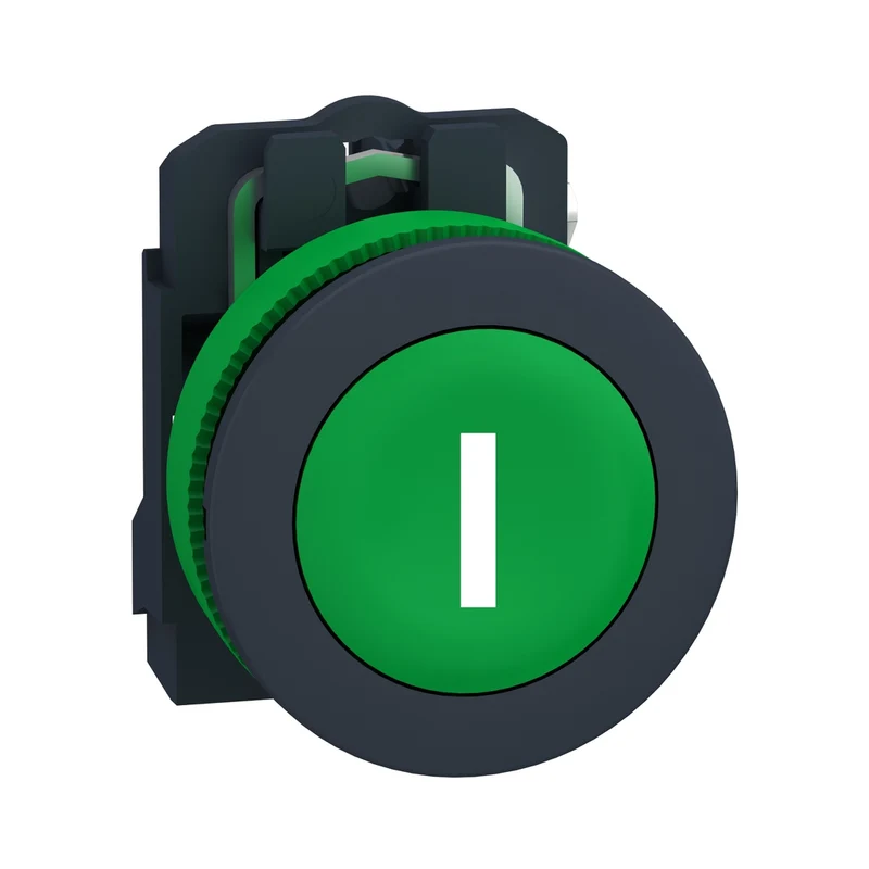 Push Button Flush Mounted, Harmony XB5, Plastic, Green, 30mm, Spring Return, Marked I, 1NO