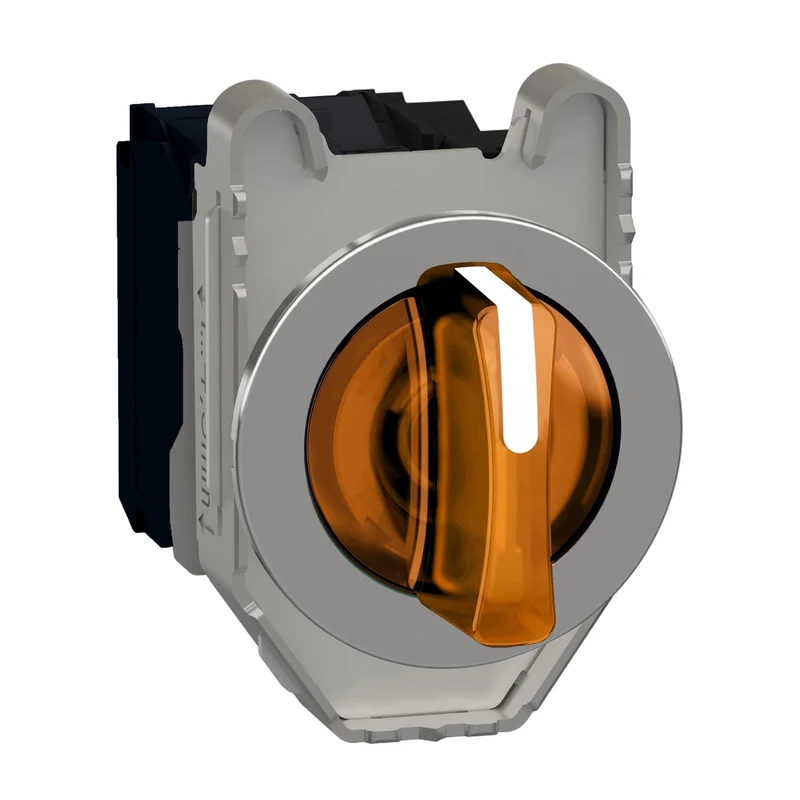 Illuminated Selector Switch, Harmony XB4, Metal, Orange Handle, 30mm, Universal LED, 3 Positions, 1NO + 1NC, 110...120V AC