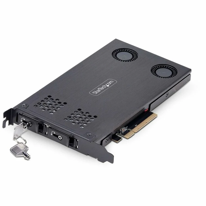 StarTech.com Support amovible pour SSD NVMe M.2 à double baie vers PCIe x8 ; bifurcation requise ; installation sans outil, baie de disque PCIe échangeable à chaud 2M2-REMOVABLE-PCIE