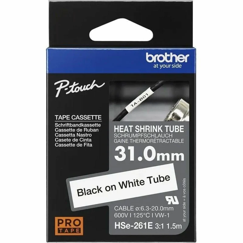 Ruban thermorétractable noir sur blanc Brother HSe-261E, 31 mm (1.22 po) HSE261E