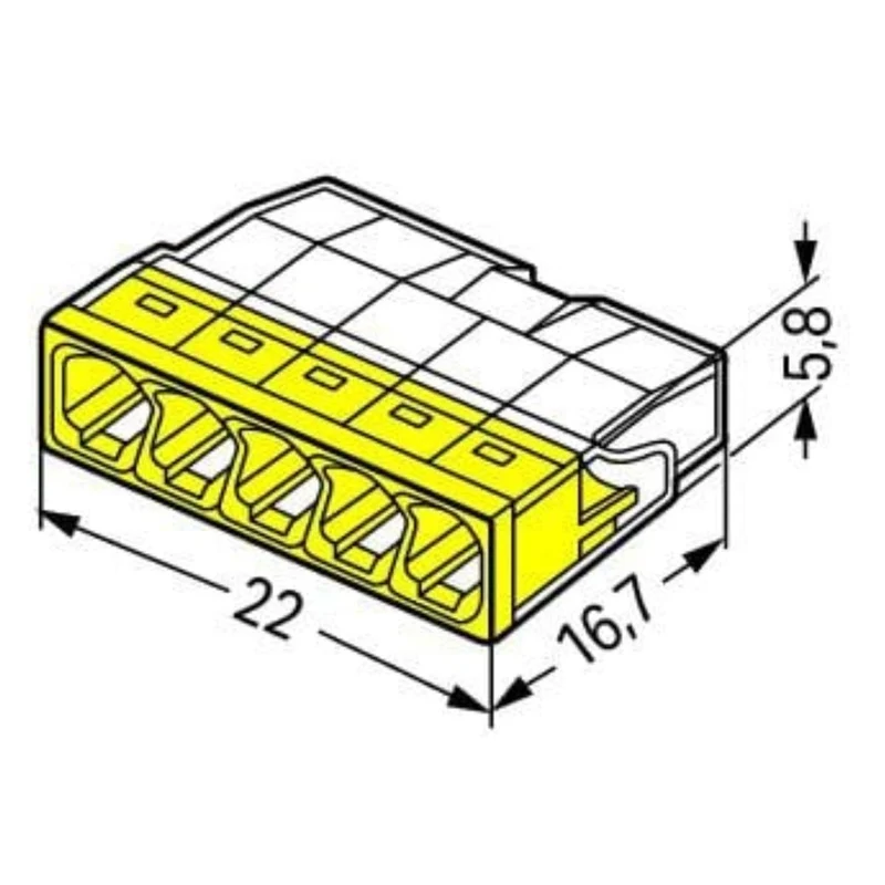 Lot de 50 bornes S2273 - Connexion rapide - 5 conducteurs - fils rigides 2,5mm² - Jaune - Wago