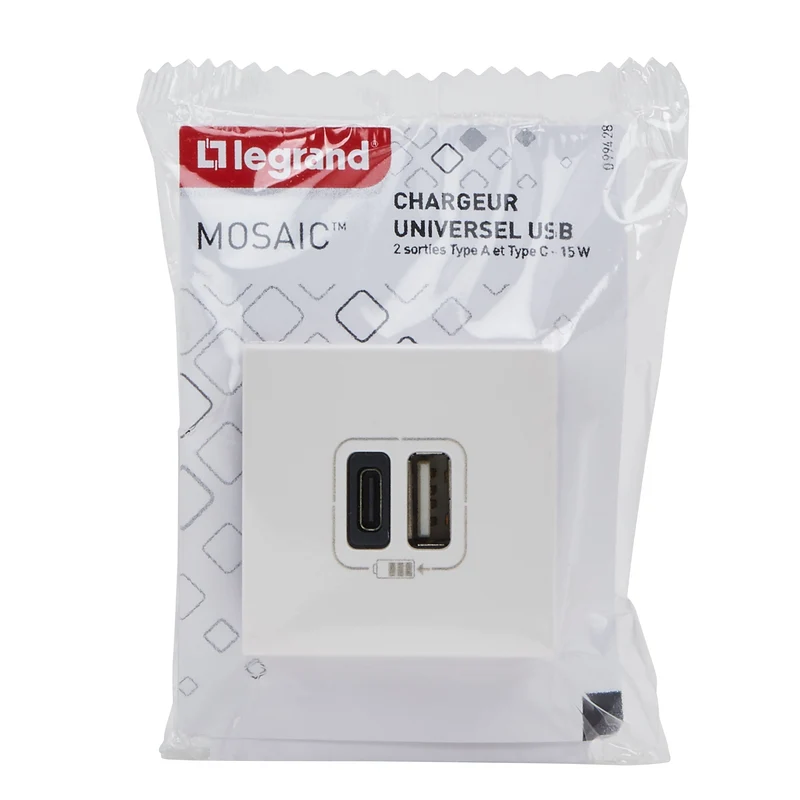 Double chargeur USB-A+C 3A 2 modules à composer - Mosaic - blanc - Legrand