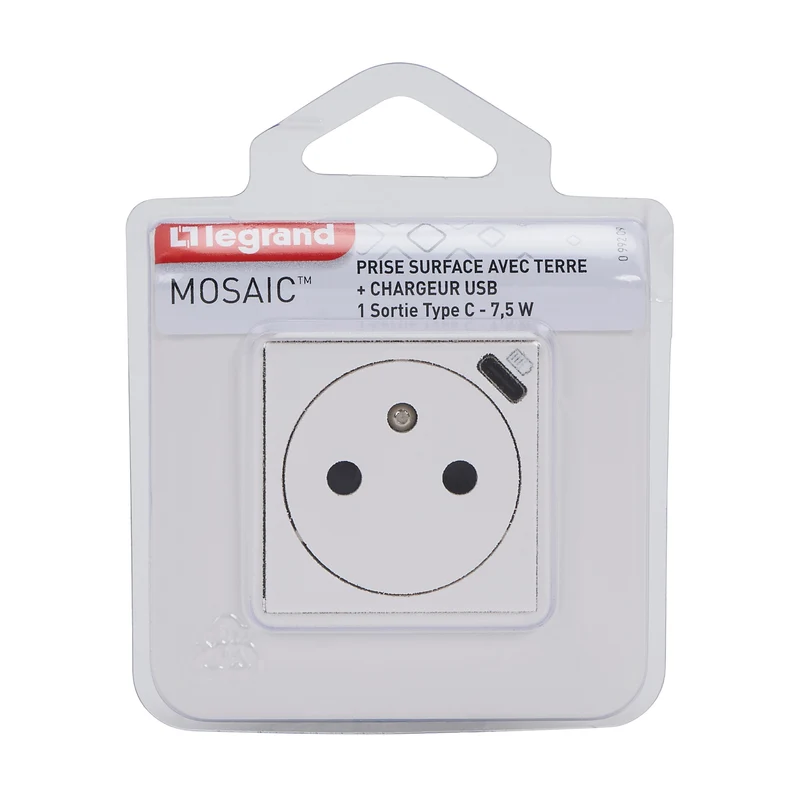 Prise encastrée 2P+T 16A avec chargeur USB-C 1,5A complet - Mosaic - blanc - Legrand