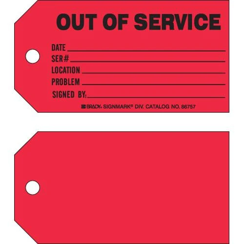 TAG CARDSTOCK 3X5.75" "OUT OF SERVICE" 100/PKG RED