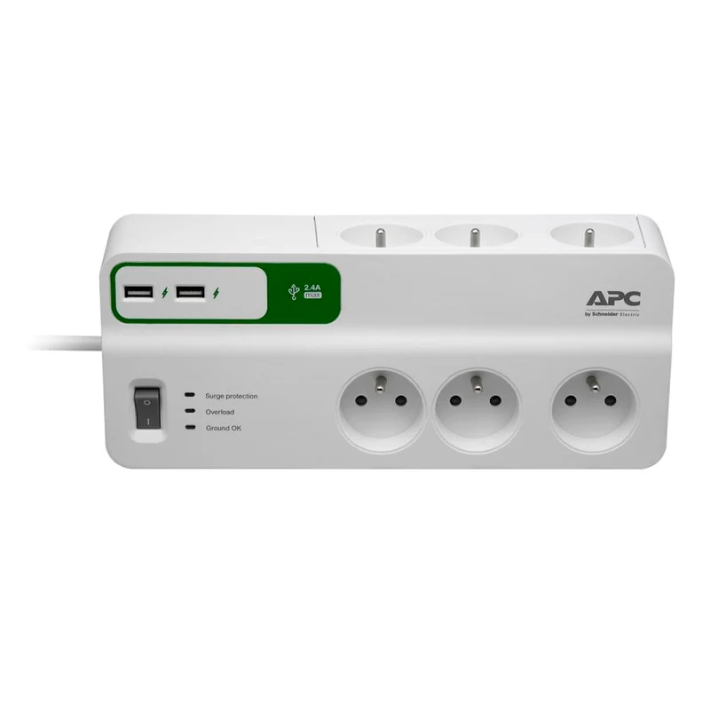 Bloc parafoudre 6 prises 2P+T + 2 USB - Blanc - Schneider