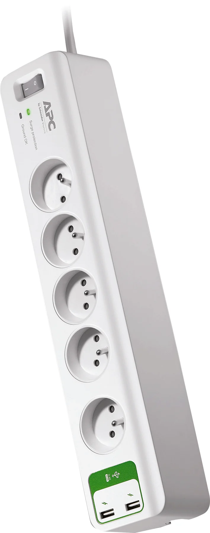 Bloc parafoudre 5 prises 2P+T + 2 USB - Blanc - Schneider