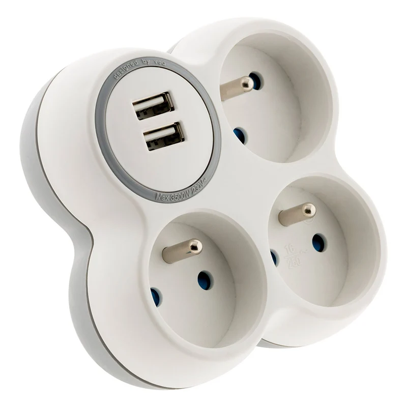 Multiprise triplite 16A avec 2 ports USB - Zenitech