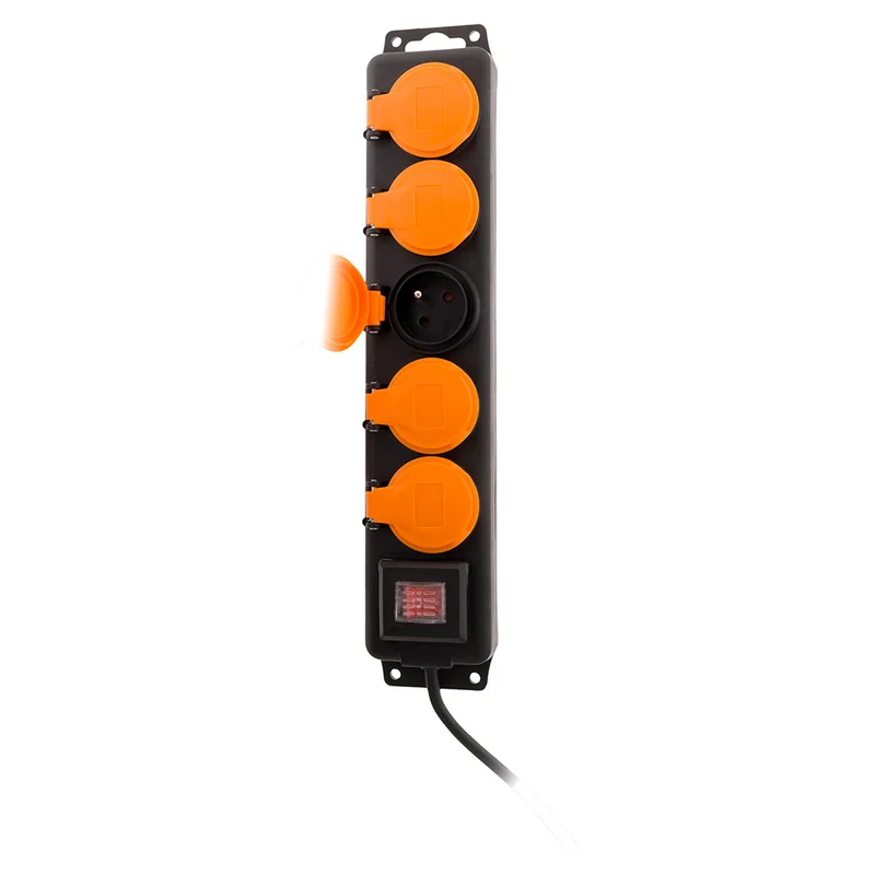 Bloc étanche IP44 5 prises 16A 2P+T avec clapets et interrupteur - Câble HO5RRF 3G1mm² de 1,5m Noir - Zenitech