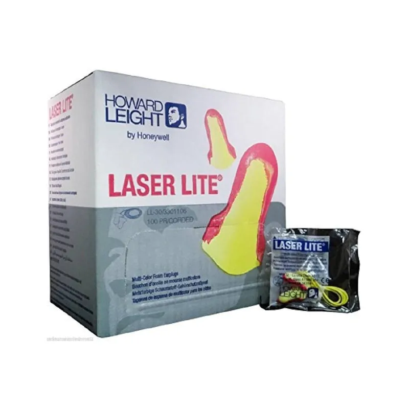 LASER LITE: DUAL COLOR: CONTOURED T-SHAPE: LOW-PRESSURE SINGLE-USE FOAM EARPLUG. CORDED. 200 PAIR PER BOX