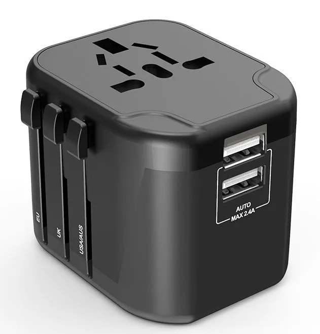 Adaptateur prise voyage universel international - 2 ports USB - compatible tous pays - Noir - Dio