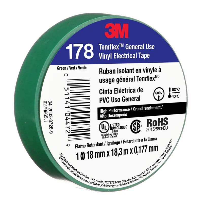 3M™ Temflex™ Vinyl Electrical Tape 178, Green, 18mm x 18.3m, 50 Rolls/Case
