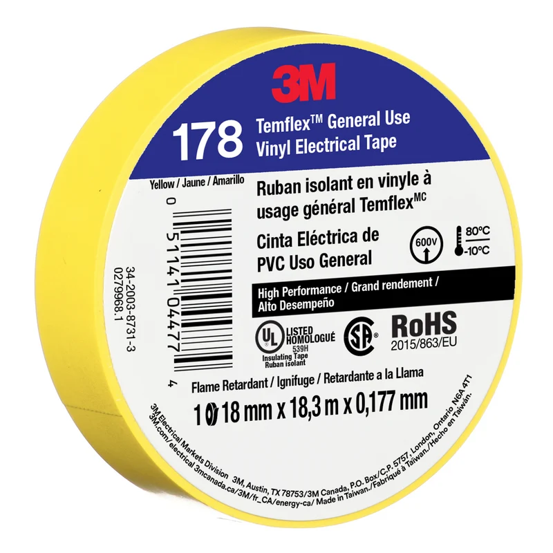 3M™ Temflex™ Vinyl Electrical Tape 178, Yellow, 18mm x 18.3m, 50 Rolls/Case