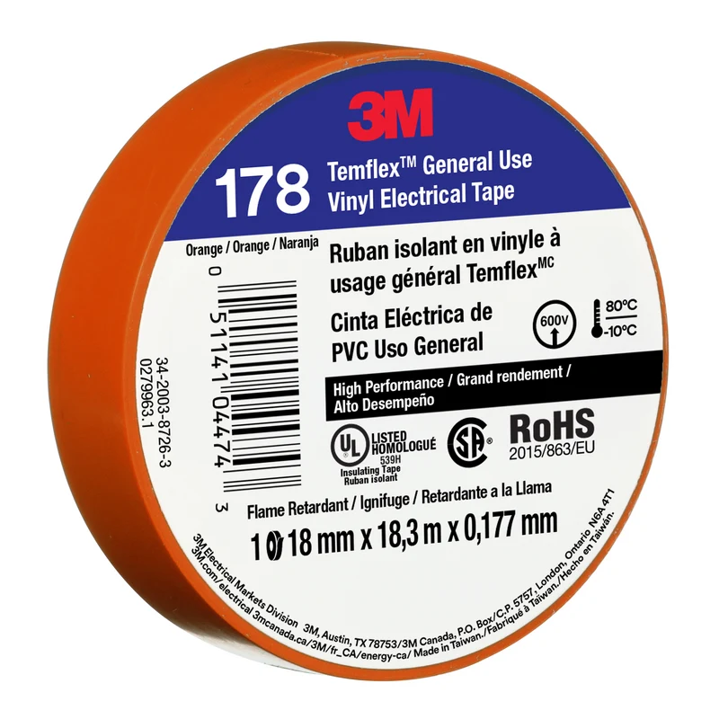 3M™ Temflex™ Vinyl Electrical Tape 178, Orange, 18mm x 18.3m, 50 Rolls/Case