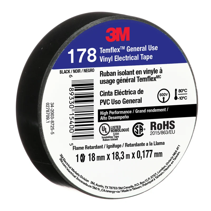 3M™ Temflex™ Vinyl Electrical Tape 178, Black, 18mm x 18.3m, 100 Rolls/Case
