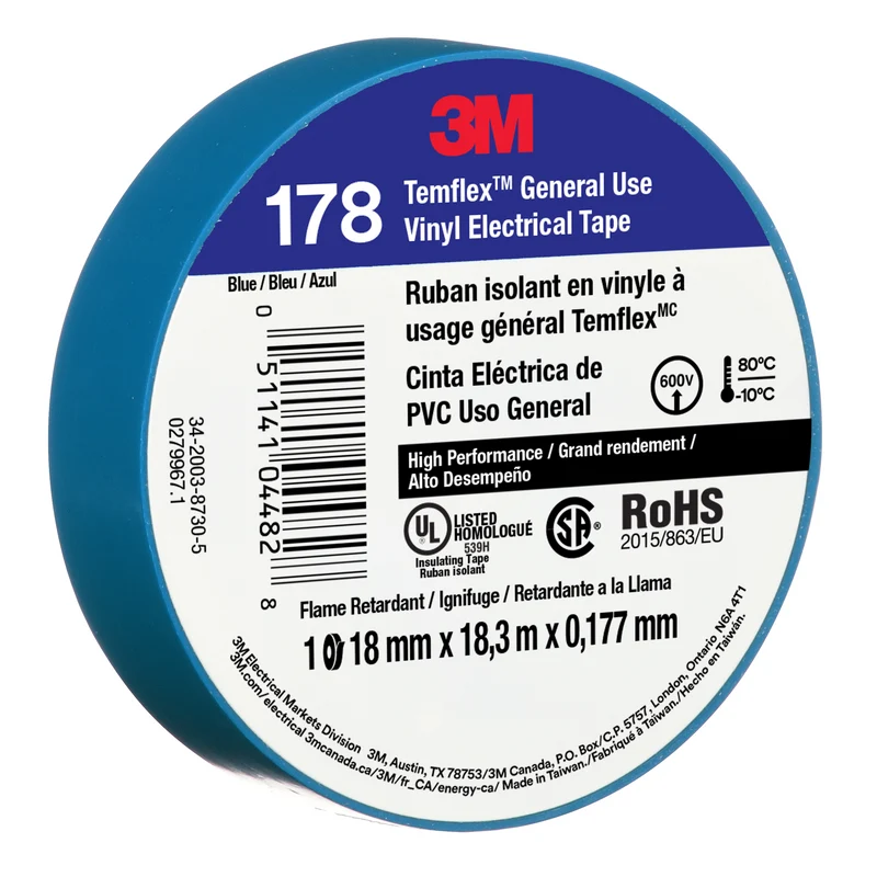 3M™ Temflex™ Vinyl Electrical Tape 178, Blue, 18mm x 18.3m, 50 Rolls/Case