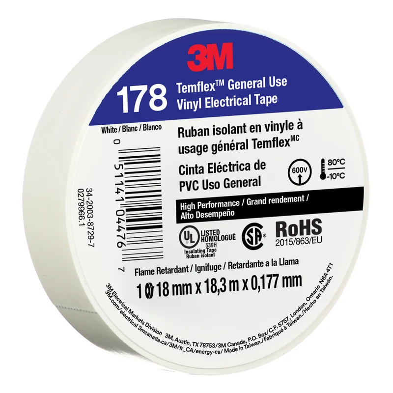 3M™ Temflex™ Vinyl Electrical Tape 178, White, 18mm x 18.3m, 50 Rolls/Case