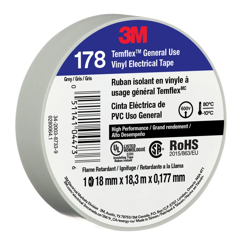 3M™ Temflex™ Vinyl Electrical Tape 178, Grey, 18mm x 18.3m, 50 Rolls/Case
