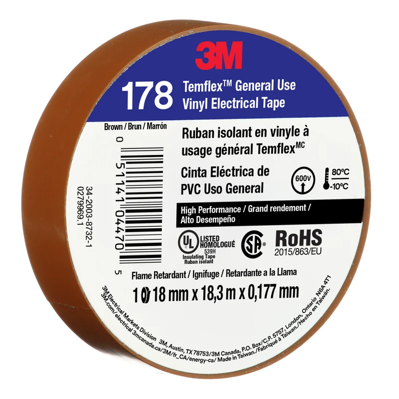 3M™ Temflex™ Vinyl Electrical Tape 178, Brown, 18mm x 18.3m, 50 Rolls/Case