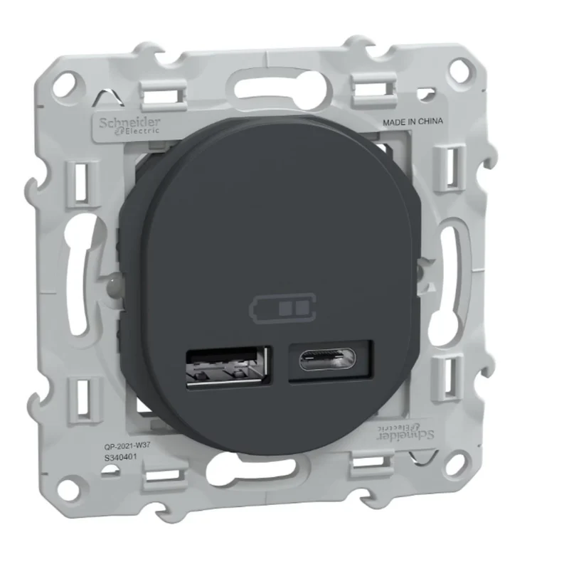 Double chargeur USB A+C 12W anthracite encastré - Ovalis - Schneider