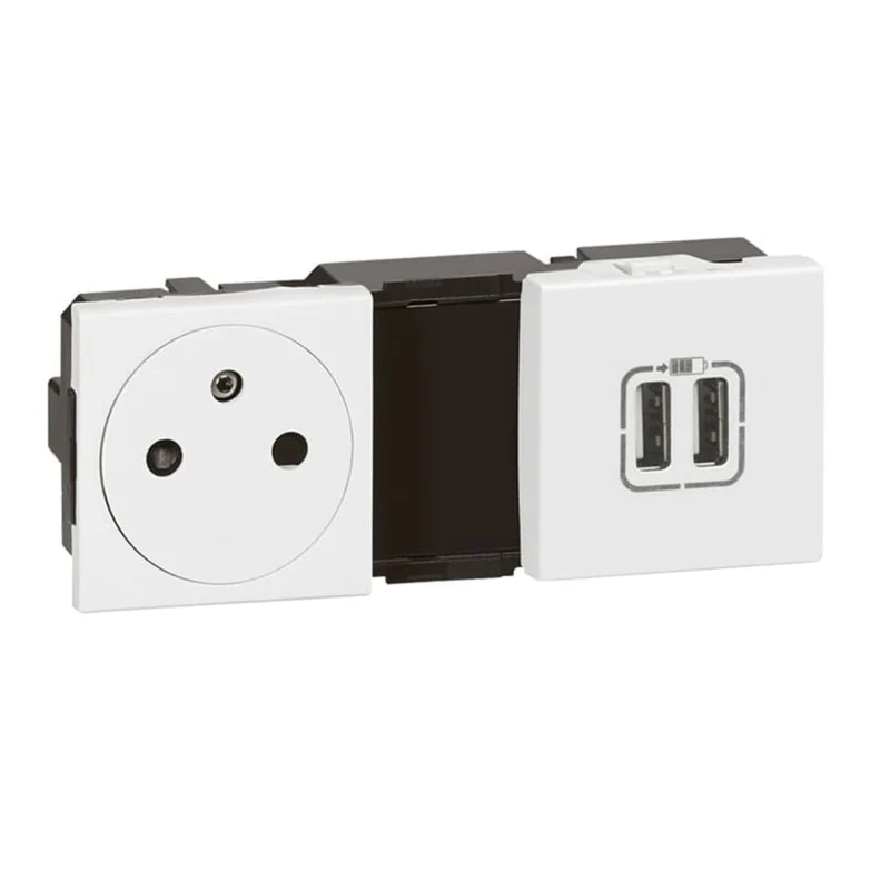 Prise 2P+T 16A + chargeur 2 USB-A précablée 5 modules - Mosaic - blanc - Legrand
