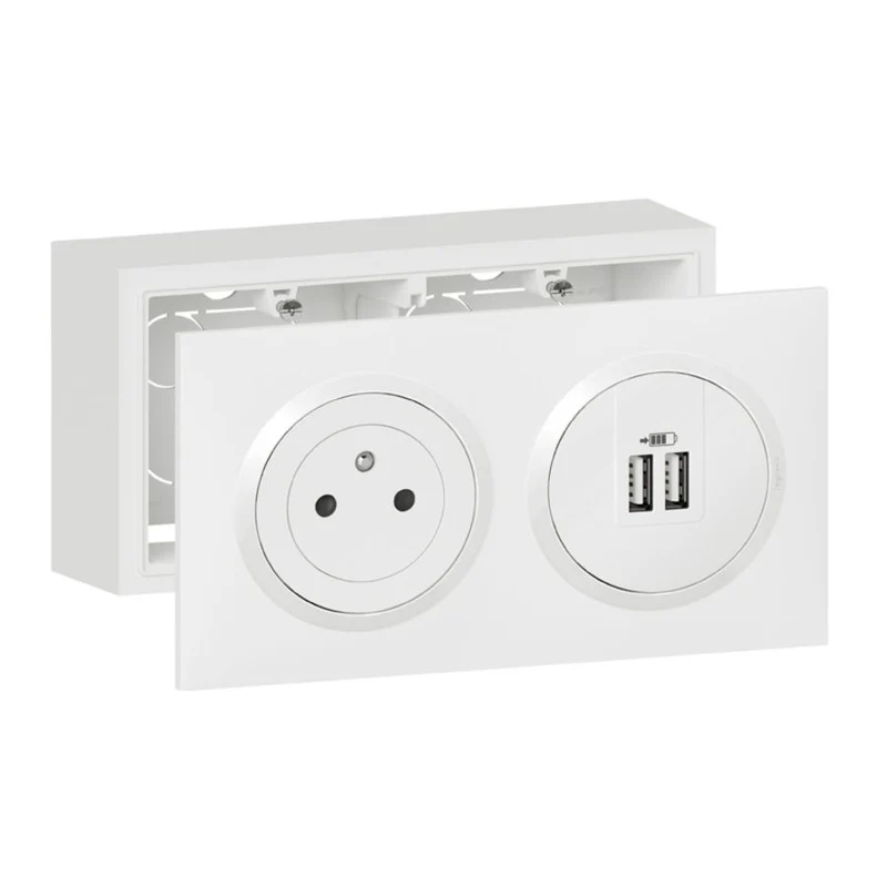 Prise 2P+T 16A + 2 USB 2,4A + cadre saillie Dooxie - blanc - Legrand