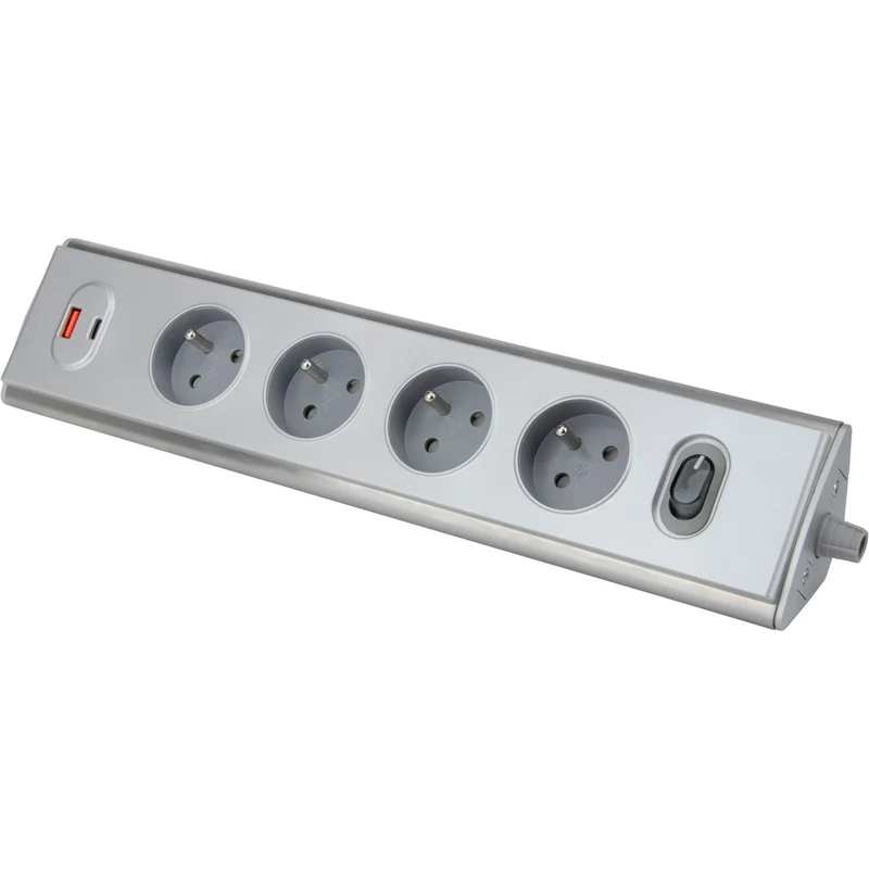 Bloc multiprise d'angle 4x16A + 2 USB A + C 20W + interrupteur - Inox - Otio