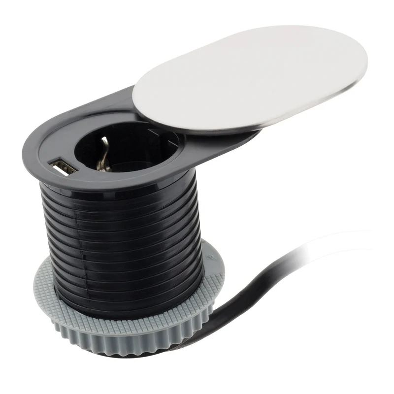 Prise encastrable Schuko + USB A avec couvercle à glissière - Noir - Otio
