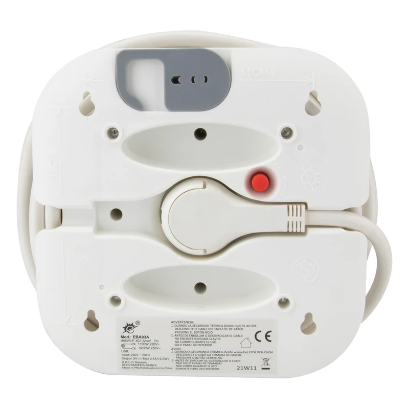 Enrouleur domestique 3 prises Schuko + 2 USB 2,4A 7m - Blanc - Zenitech