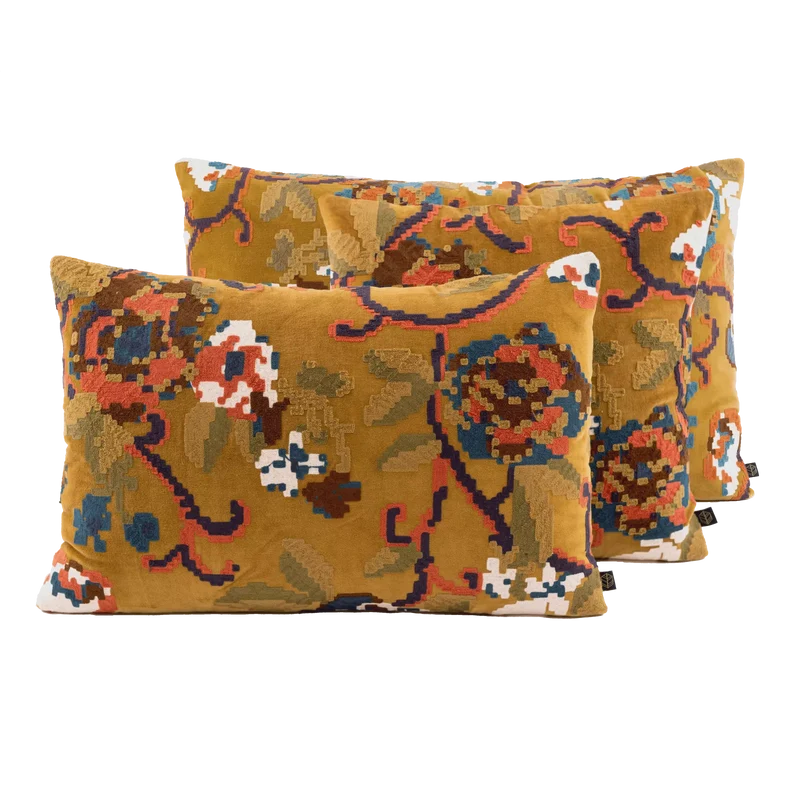 Coussin rectangulaire en velours brodé floral, modèle Kendall - Haomy