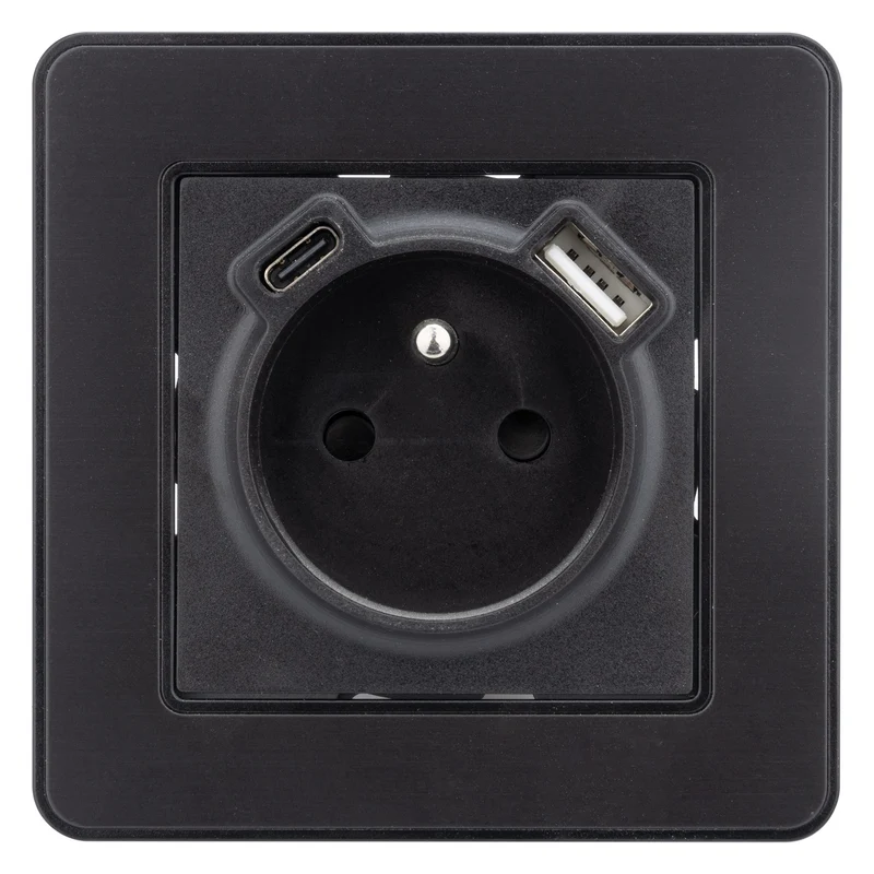 Prise 2P+T 16A USB A + USB-C 2,4A complet - métal Noir brossé Kouro - Zenitech