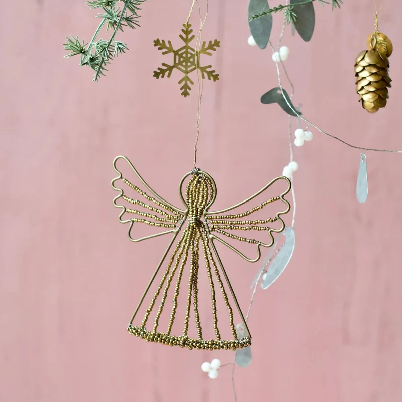 Décoration de Noël à suspendre - Ange en métal et perles dorés