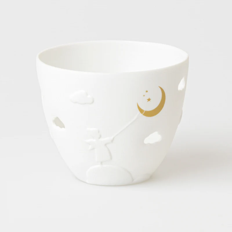Photophore rond en porcelaine - Lune et nuages