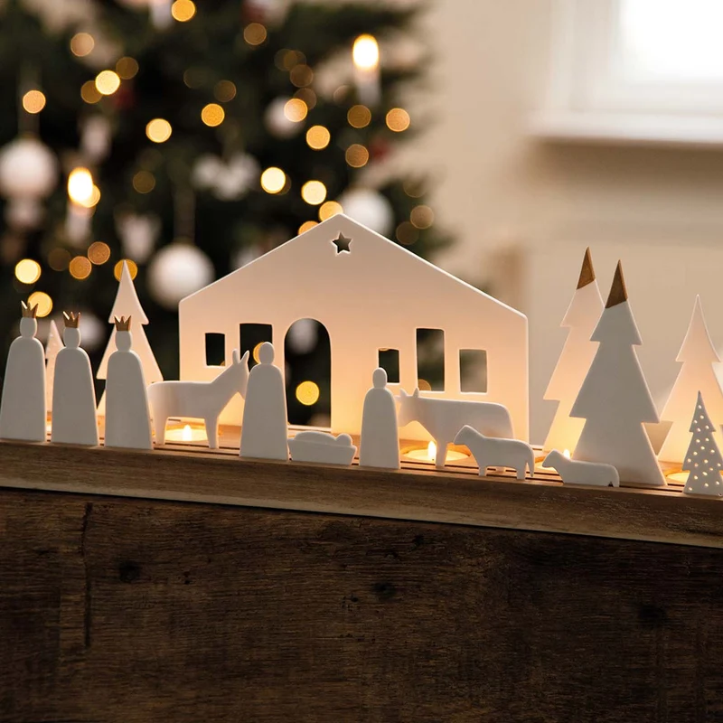 Grande crèche lumineuse de Noël en porcelaine et bois