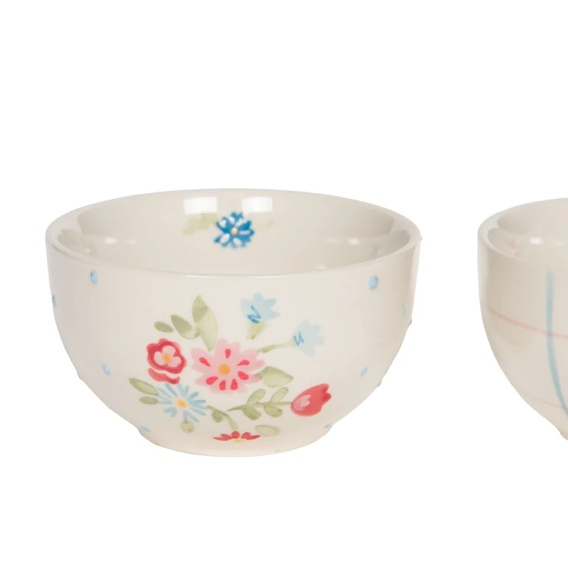 Bol en grès, 2 modèles - Motif quadrillé et décor floral