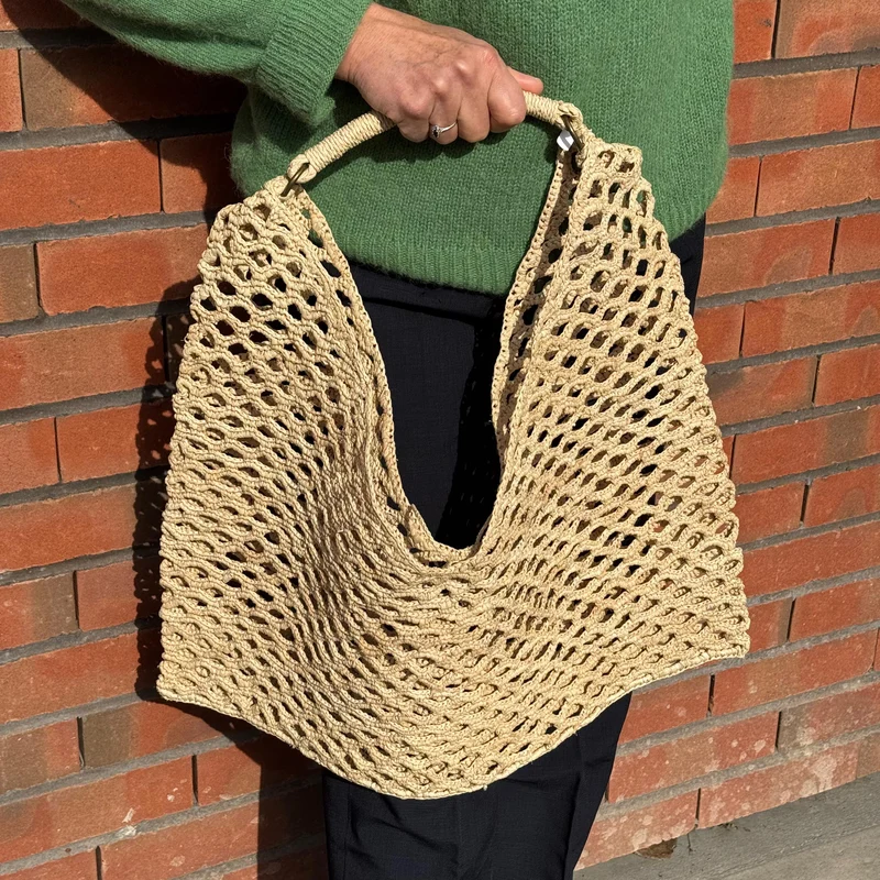 Sac porté épaule en raphia, effet crochet ajouré, fait main - 2 coloris