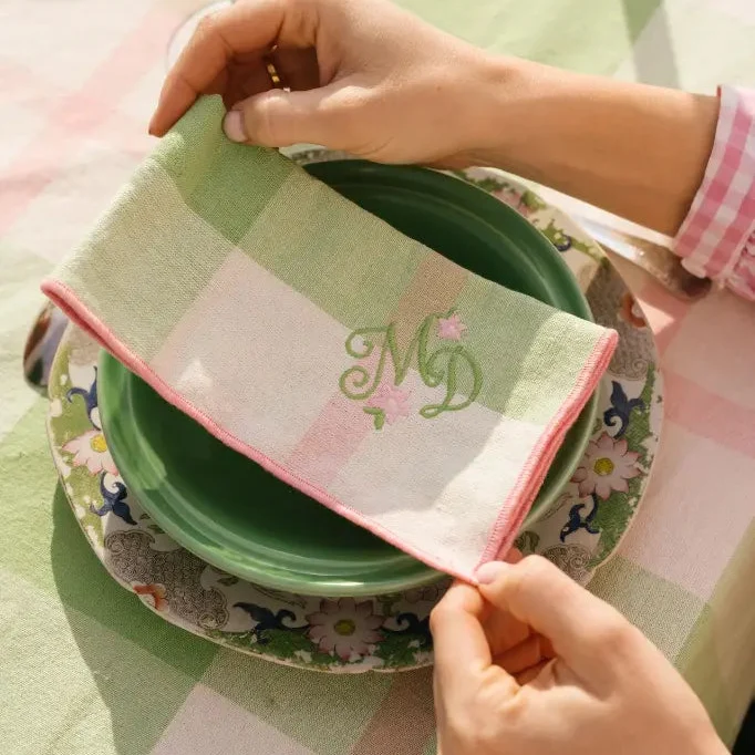 Serviettes à carreaux vert et rose avec ganse et broderie : Set de 2