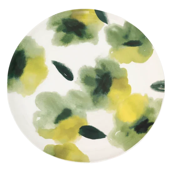 Plat en céramique peint à la main fleurie vert et jaune