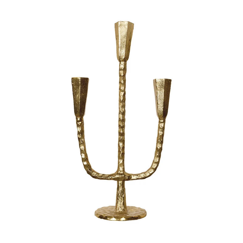 Bougeoir chandelier en métal martelé doré