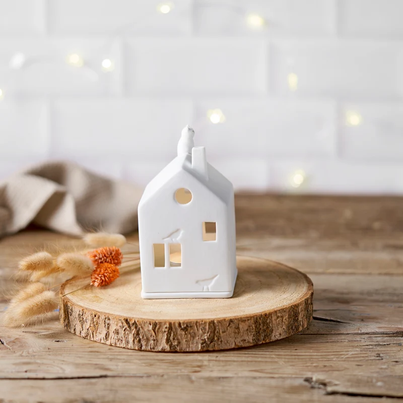 Maison photophore en porcelaine - Chat sur le toit