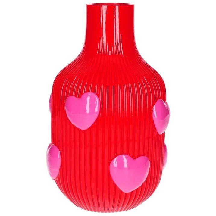 Vase en verre rouge strié avec coeurs roses