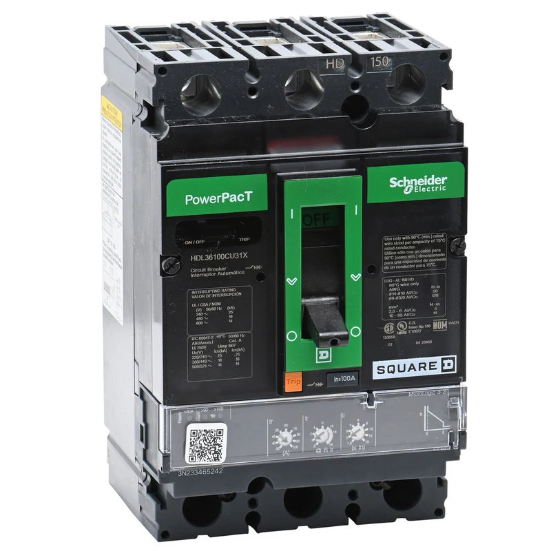 Circuit Breaker, PowerPacT H, 100A, 3 Pole, 600VAC, 14kA, Lugs, Micrologic 3.2, 100%