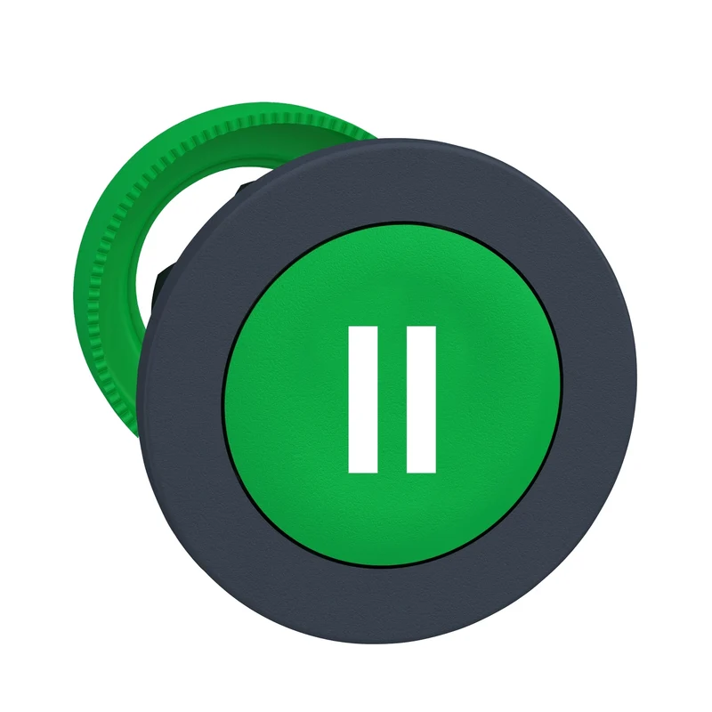 Harmony XB5, Flush Mounted Push Button Head, Plastic, Green, 30mm, Spring Return, Marked II, Dark Grey Bezel