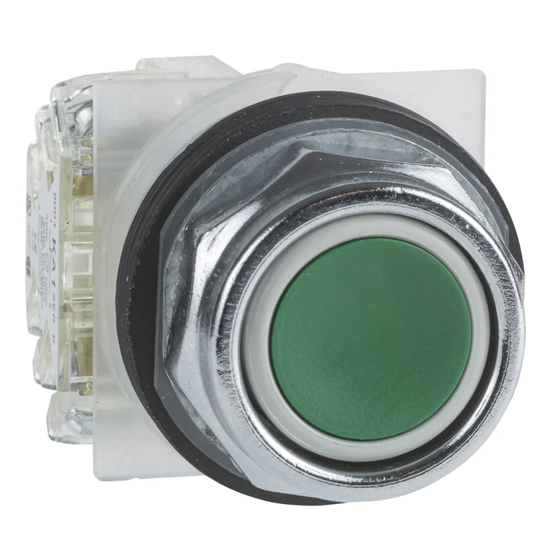 Push Button, Harmony 9001K, Metal, Flush, Green, 30mm, Spring Return, 1NO, Full Guard In Plastic