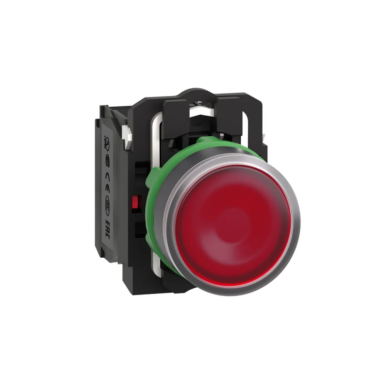 Illuminated Push Button, Harmony XB5, Plastic, Red Flush, 22mm, Universal LED, Plain Lens, 1NO + 1NC, 230...240V AC