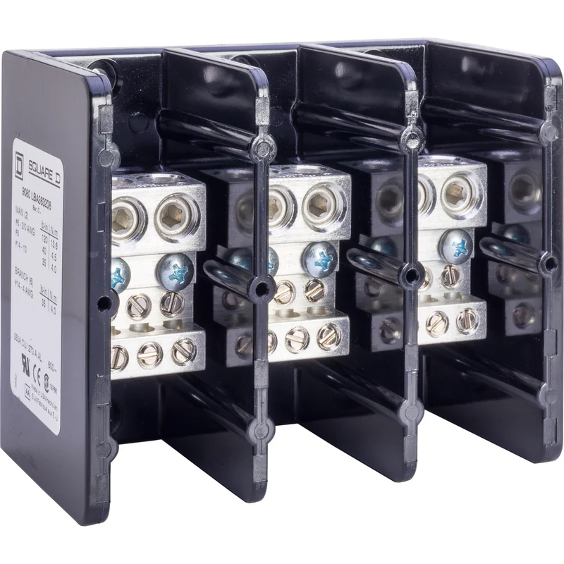 Power Distribution Block, Linergy, 3 Pole, 2 Line, 6 Load, 350A Cu, 600V